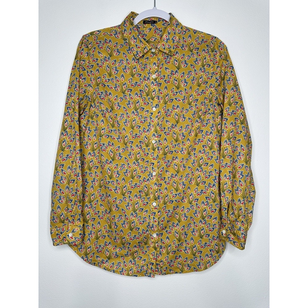 J McLaughlin Button up Shirt Size M Mustard Yellow Floral‎ Cotton Preppy
